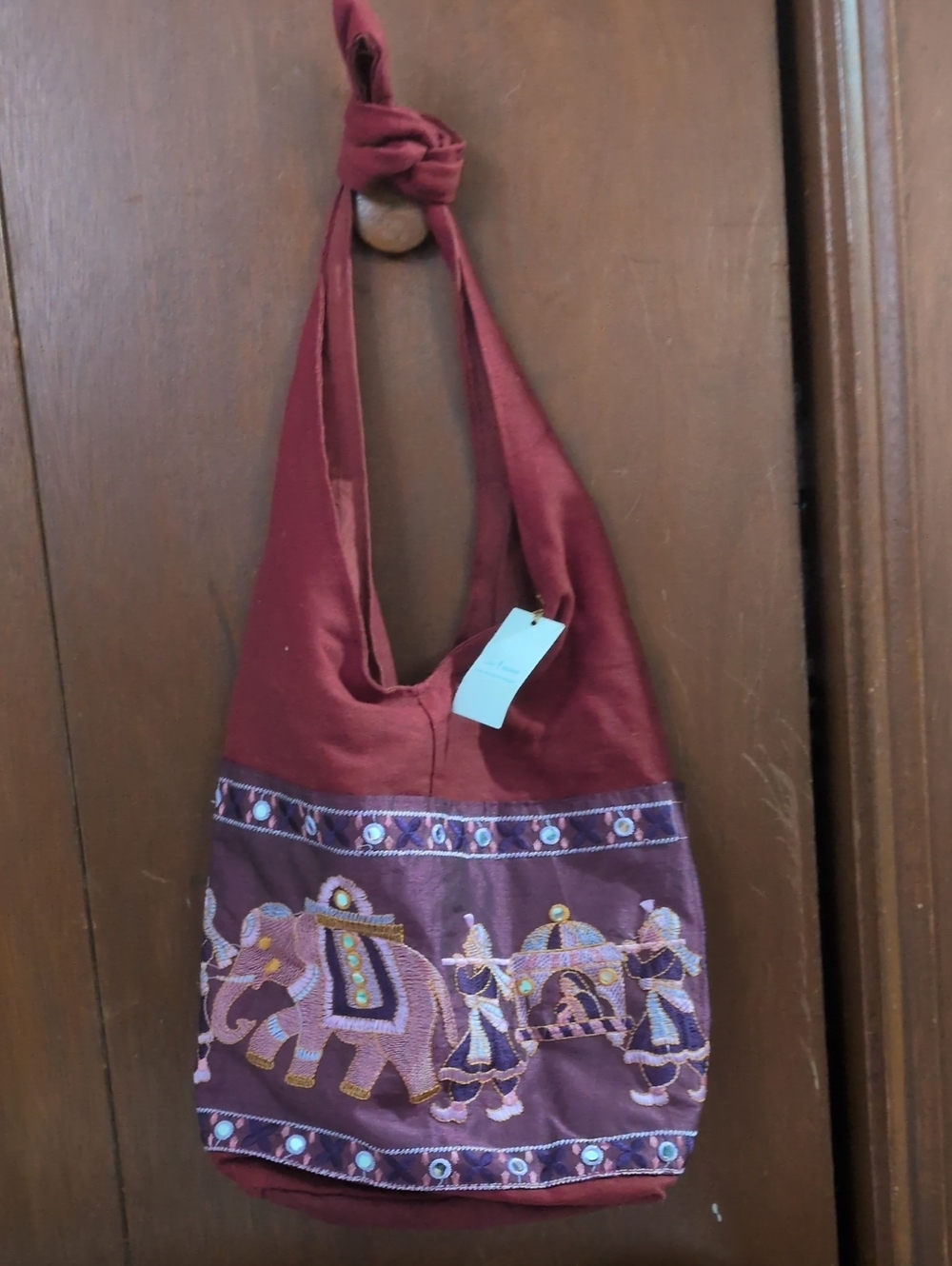 Embroidered Elephant Motif Crossbody - Burgundy